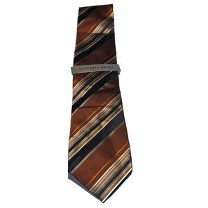 Geoffrey Beene Brown Striped Pattern 100% Silk Handmade Necktie NEW